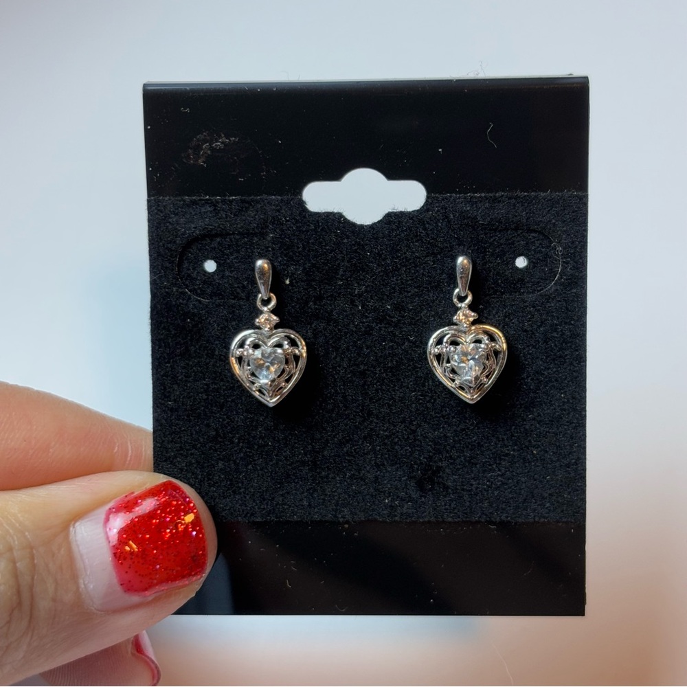 Elegant Vintage 925 Sterling Silver Dangle Heart Earring CZ Hearts Sophisticated